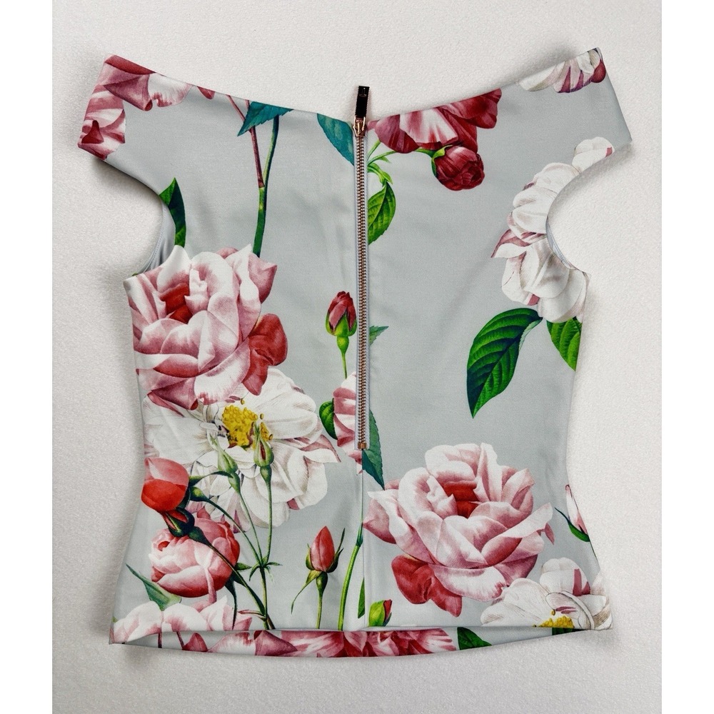 Ted Baker Women's Off Shoulder Floral Top Size ( XS ) Gray Pink Rose Print
